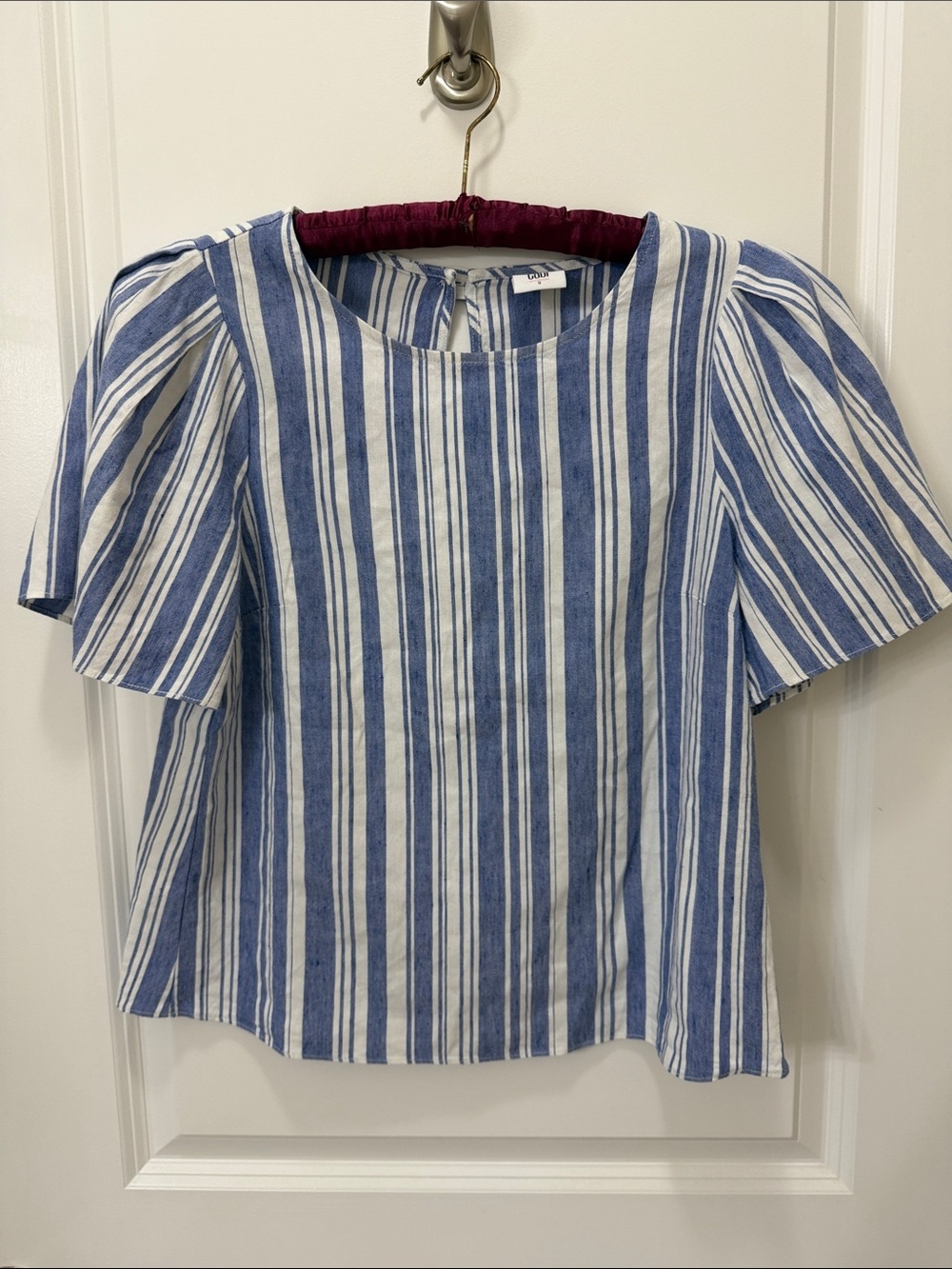 CAbi Blue and White Vertical Stripe Puff Sleeve Top